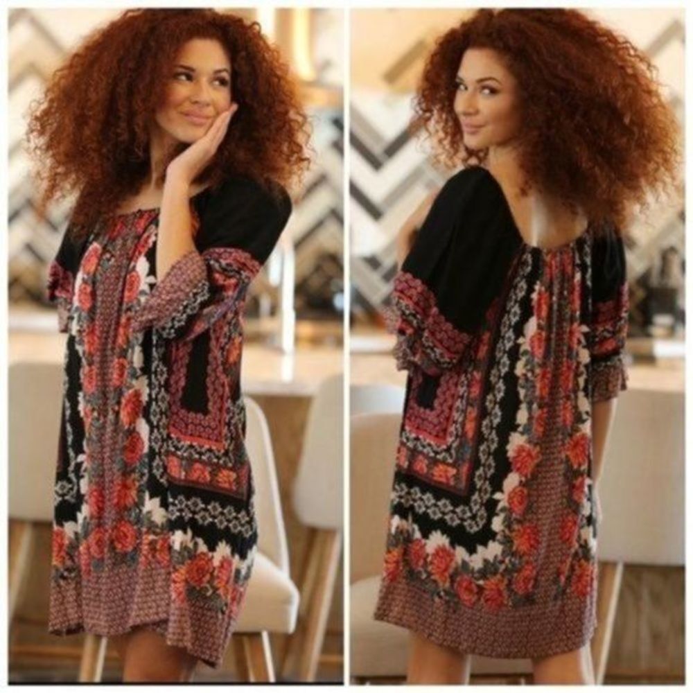 ANGIE | Spring Floral Bohemian Peasant MIDI Dress Sz Medium